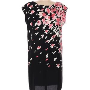 LOFT Sleeveless Dress Boxy Shift Style Size M Black & Pink Mod Floral Crepe